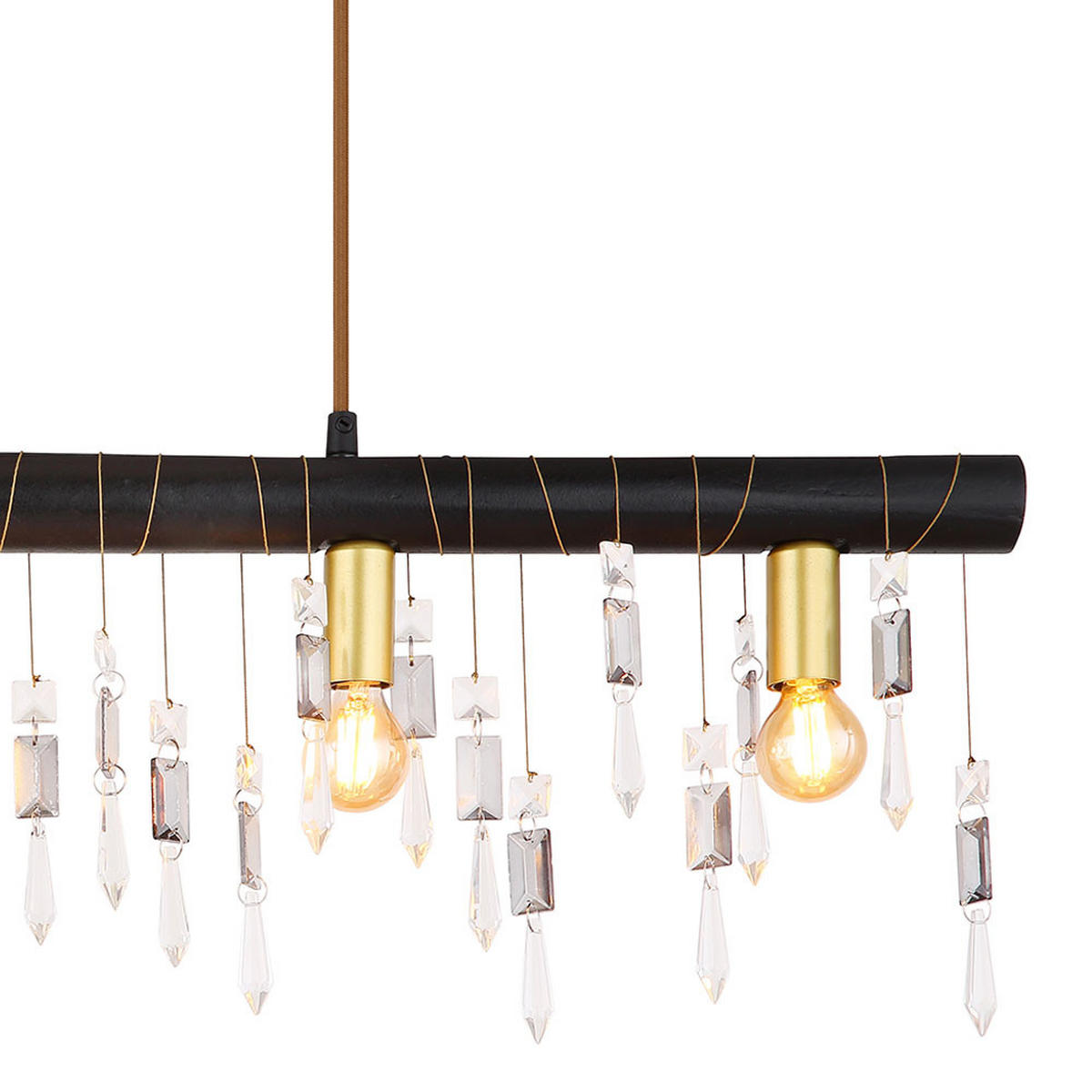 HÄNGELEUCHTE Glaskristalle Schwarz Textilkabel - Schwarz, Holz (90/6/120cm) - Globo Lighting