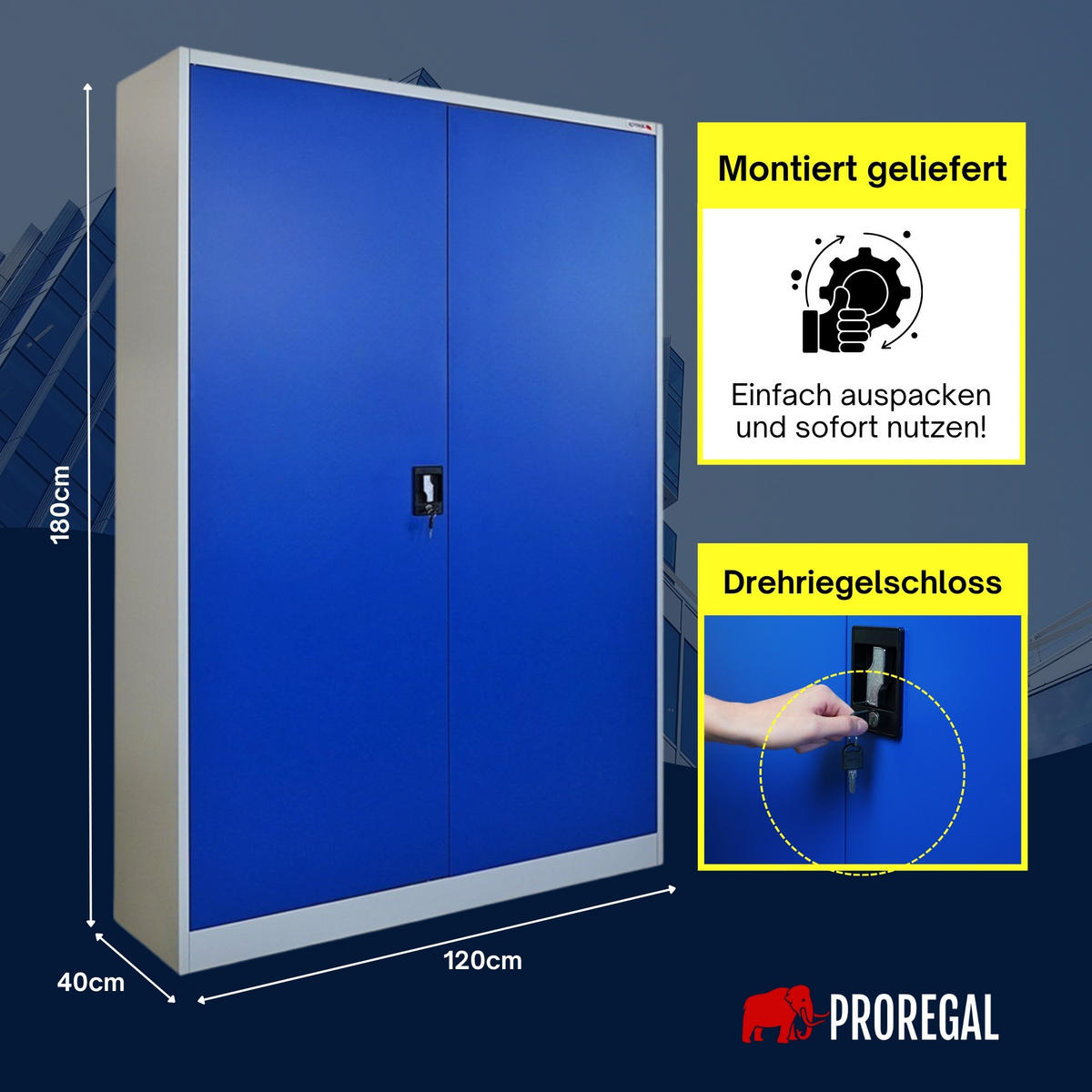FLÜGELTÜRENSCHRANK Elephant Metall komplett montiert 180x120x40cm Blau/Lichtgrau - Blau/Grau, Metall (120/180/40cm) - PROREGAL