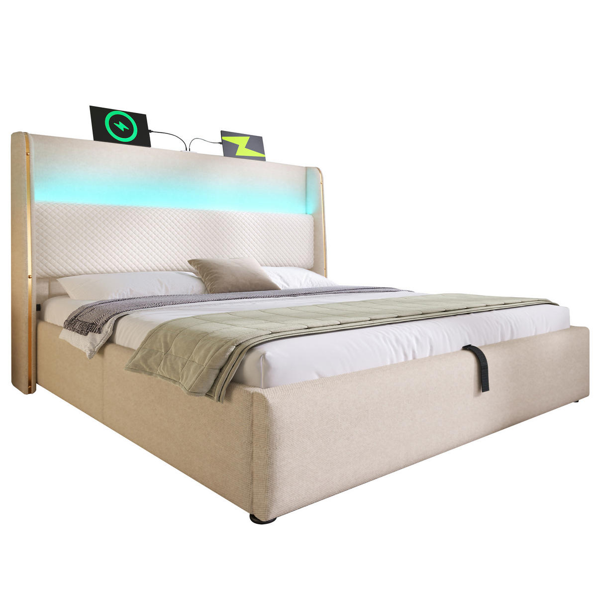 POLSTERBETT 180/200 cm mit hydraulischem Bettkasten, LED-Kopfteil & USB/Type-C, Beige - Beige, Textil (180/200cm) - Redom