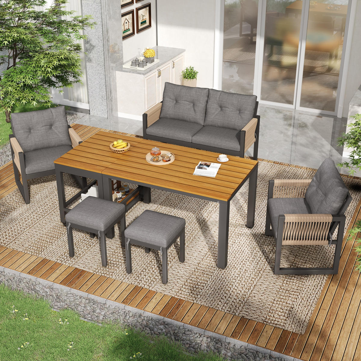 OUTDOOR SOFA SET Metall Armlehnen Kissen - Grau, Metall - LEBENLANG