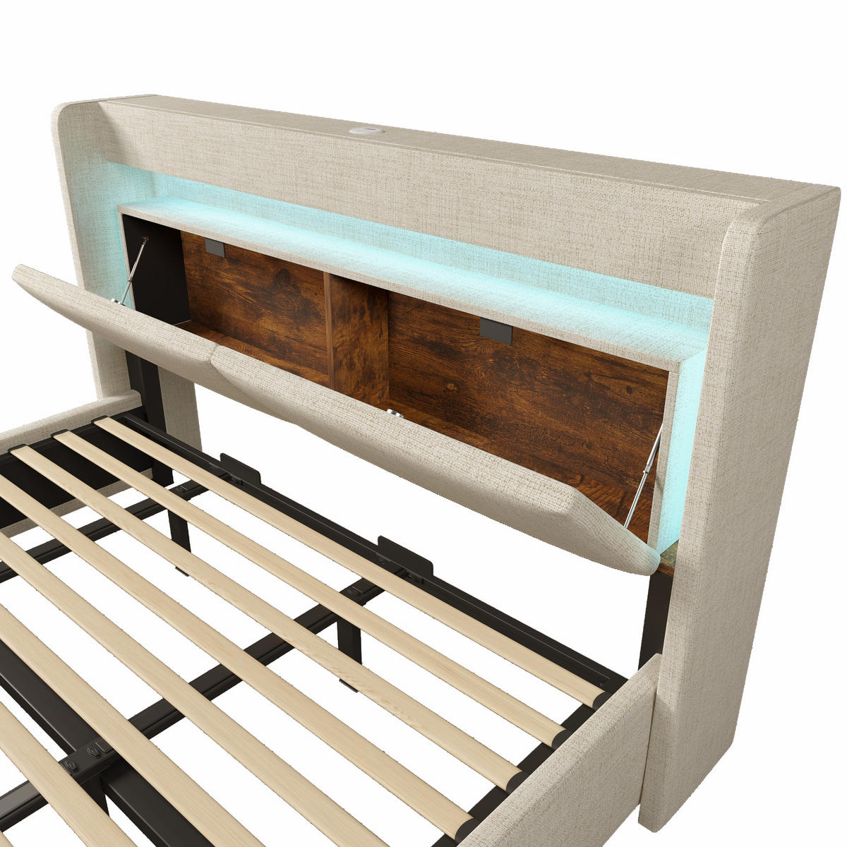 POLSTERBETT 180×200 cm aus Leinen-Stoff mit LED-Beleuchtung und USB-Anschluss, beige - Beige, Textil (180/200cm) - Luhomfu