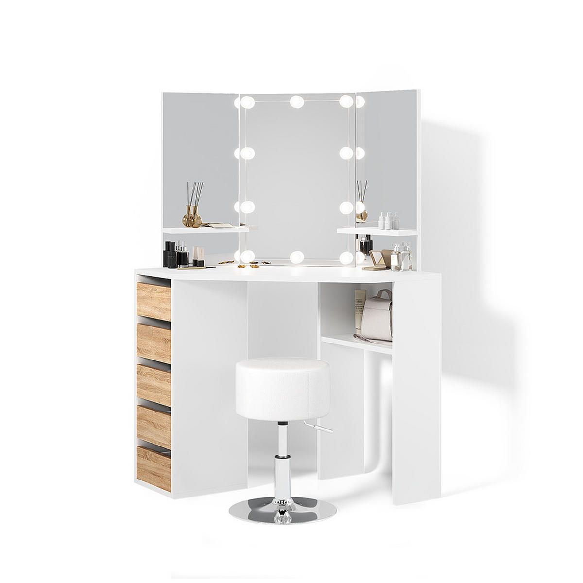 ECKSCHMINKTISCH Enna Weiß/Sonoma 110 cm mit LED Beleuchtung und Hocker - Weiß/Sonoma Eiche, Holzwerkstoff (110/141.5/54cm) - Livinity®