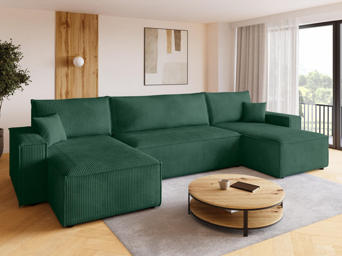 WOHNLANDSCHAFT ADI U mit Schlaffunktion Cordstoff Dunkelgrün - Dunkelgrün, Textil (312/85/143cm) - Bromarkt