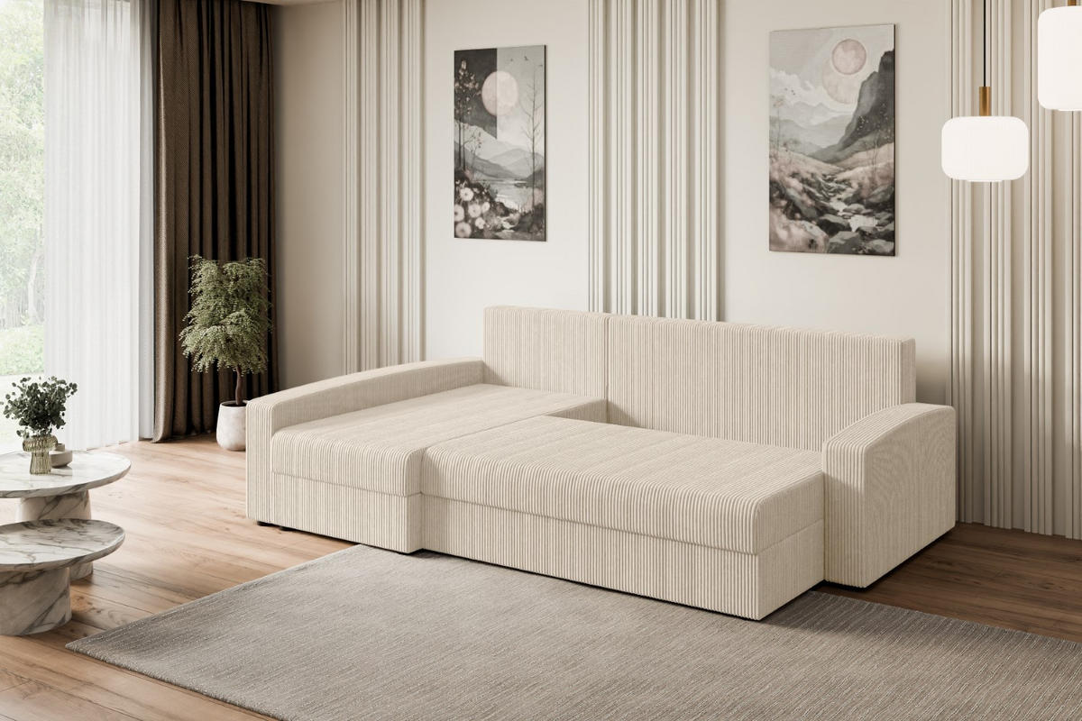 ECKSOFA mit Schlaffunktion und Bettkasten ALESIA-L 231x140x90 cm Beige Cord - Beige/Silberfarben, Holzwerkstoff/Kunststoff (231/140cm) - ALTDECOR