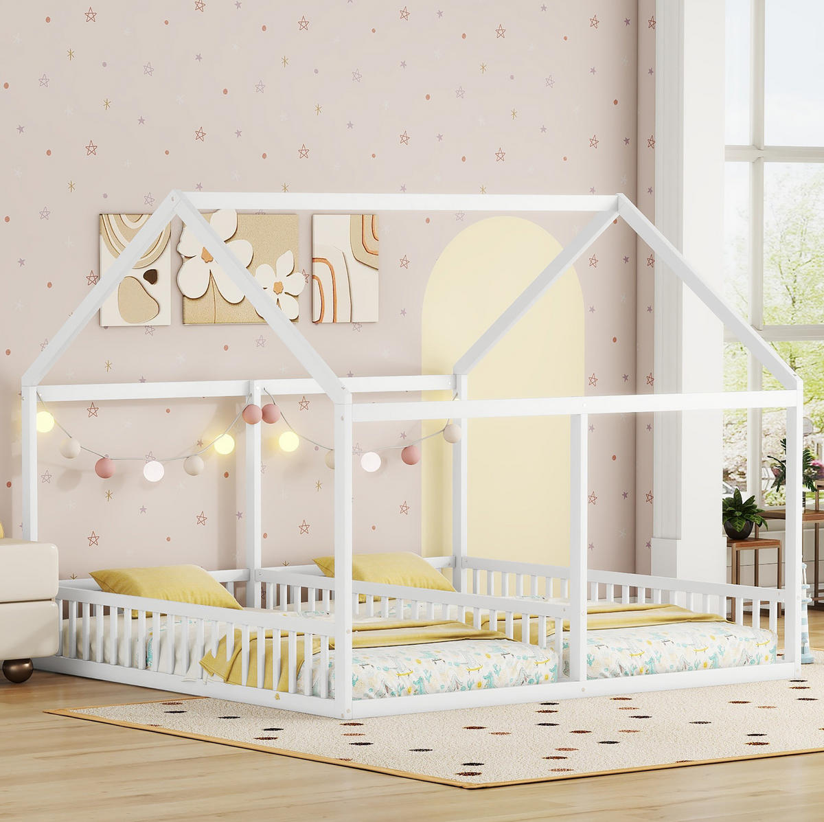 HAUSBETT 90/200 cm, Weiß mit 2-in-1-Funktion und Schutzgitter - Weiß, Holz (90/200cm) - MIVRAY