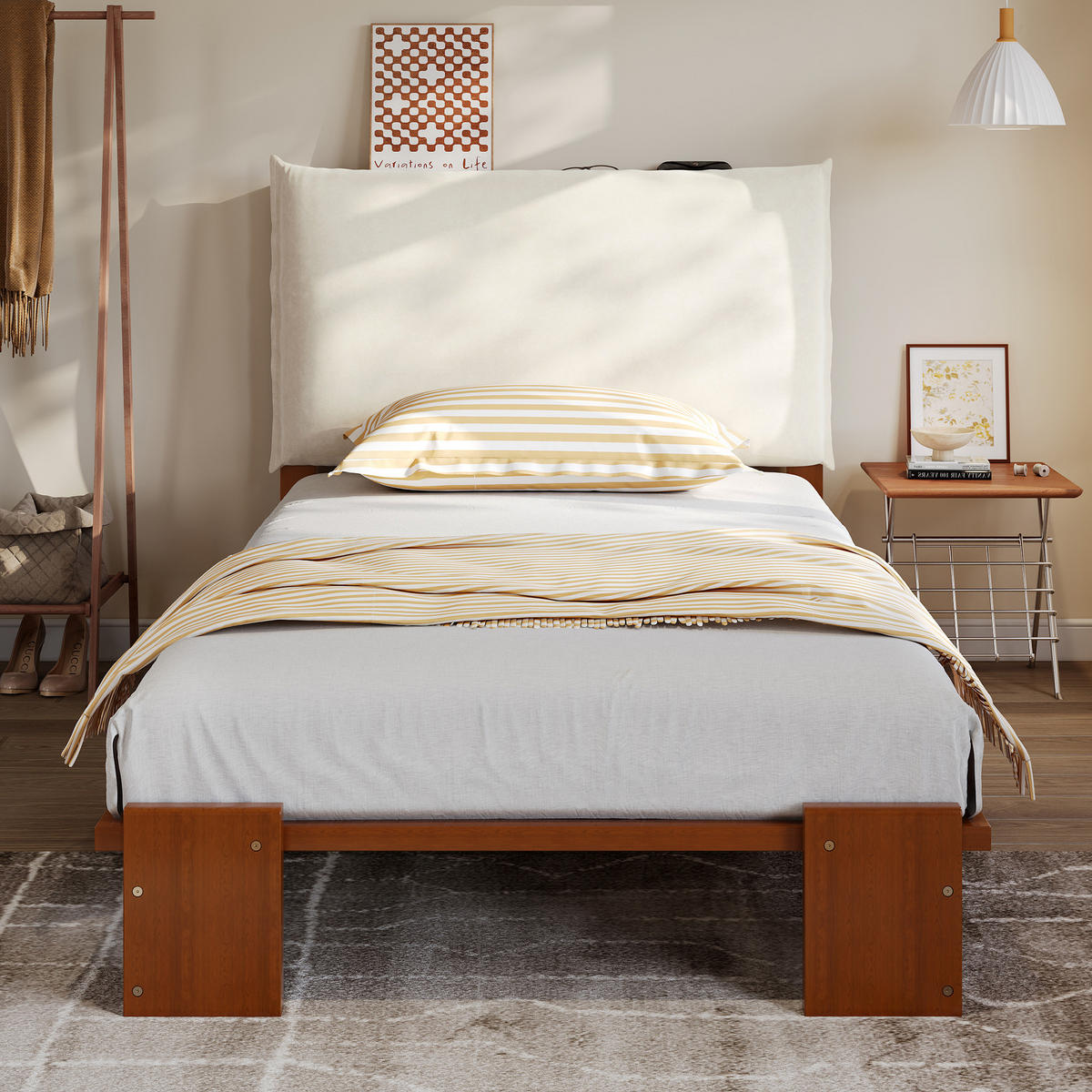 POLSTERBETT 90/200 cm dunkelbraun aus Holz mit gepolstertem Kopfteil - Braun, Textil (90/200cm) - OKWISH