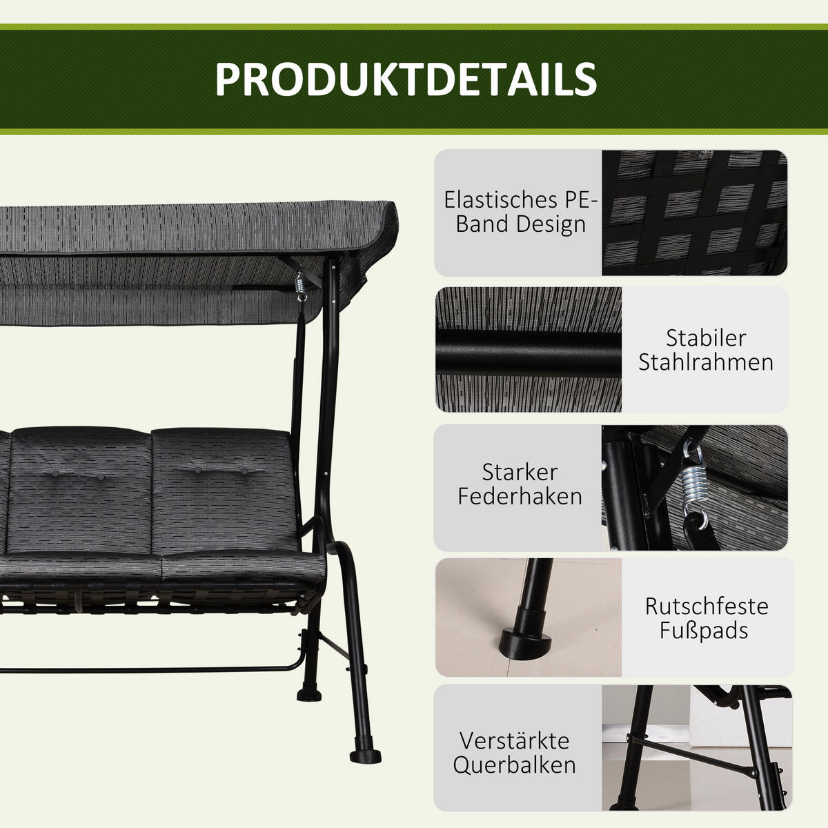 HOLLYWOODSCHAUKEL, Verstellbares Sonnendach, Texteline, Grau, 200 x 120 x 170 cm - Schwarz, Metall (120/170/200cm) - Outsunny