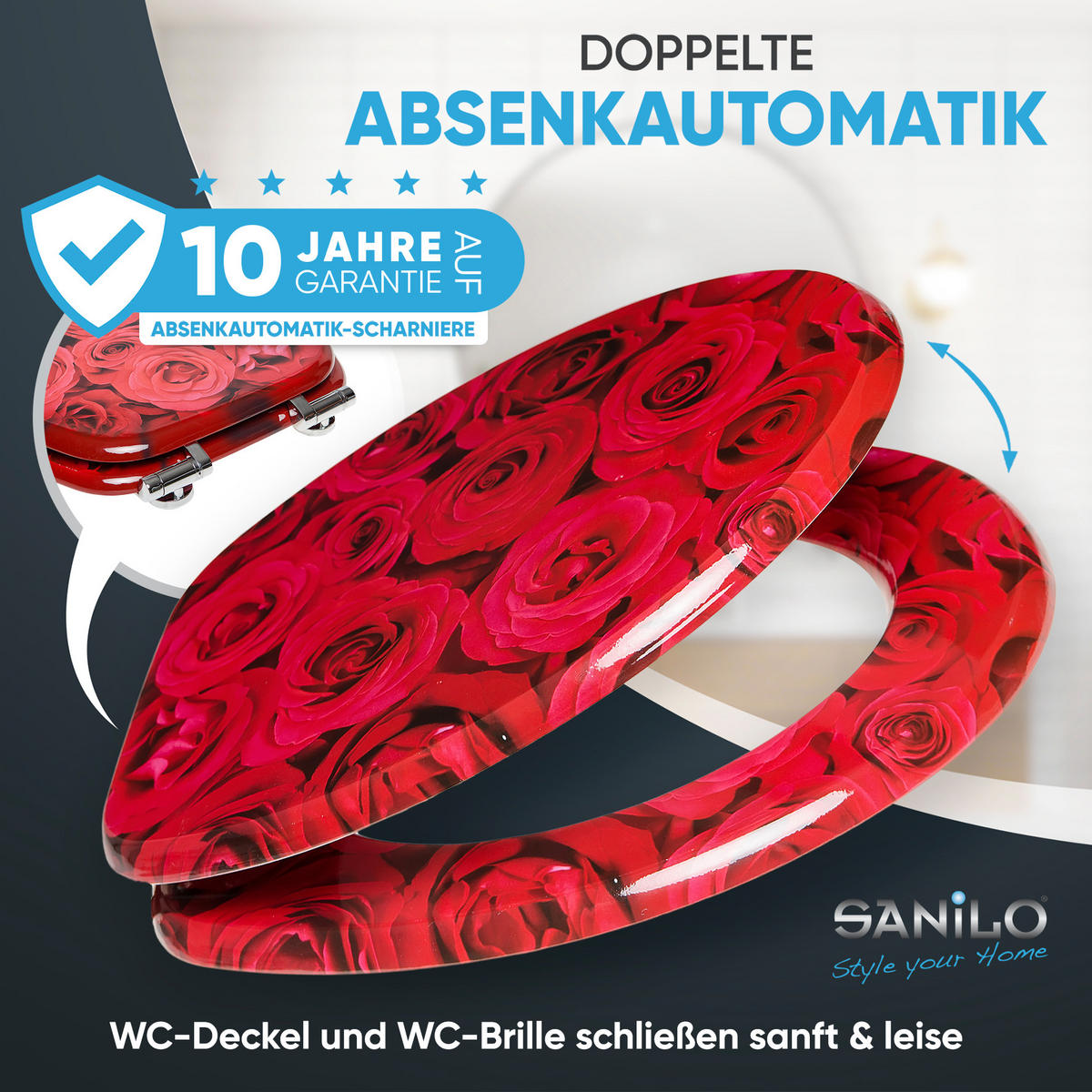 WC-SITZ mit Absenkautomatik Rosen - Rot, Holzwerkstoff (38/6/47cm) - Sanilo