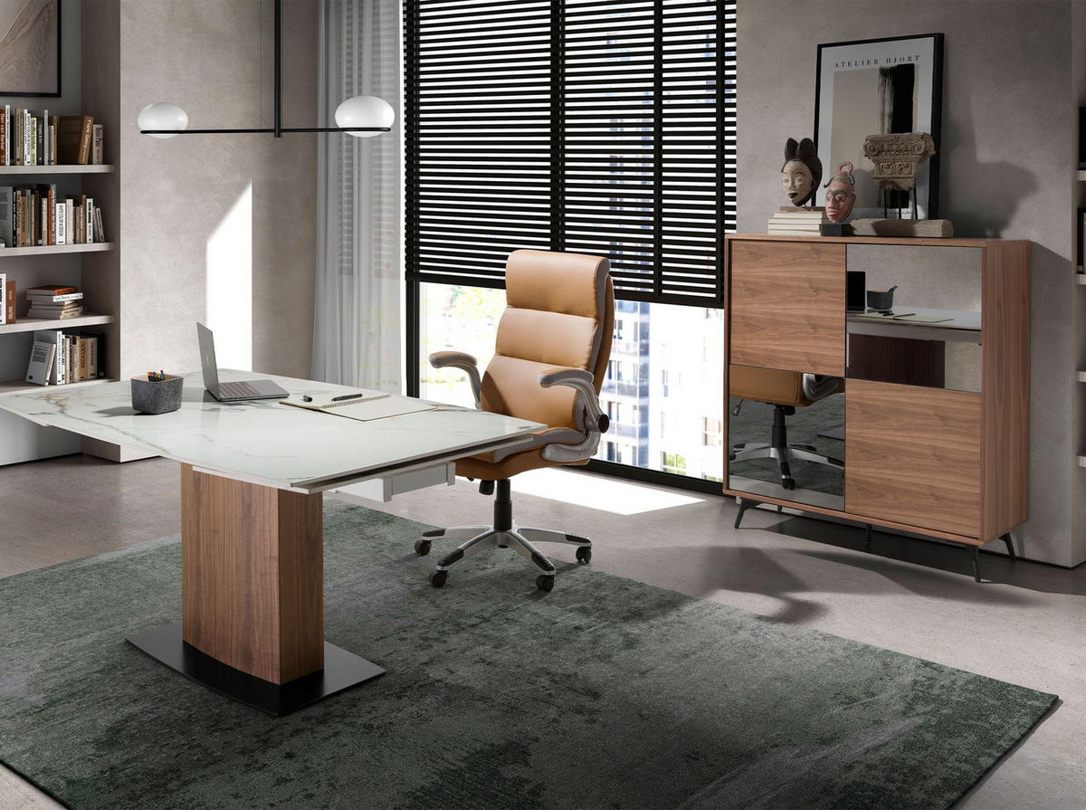 HIGHBOARD Sideboard aus schwarzem Glas mit Spiegeleffekt, Walnuss und schwarzem Stahl 110/45/124 cm - Walnussfarben/Schwarz, Holz (110/124/45cm) - ANGEL CERDA