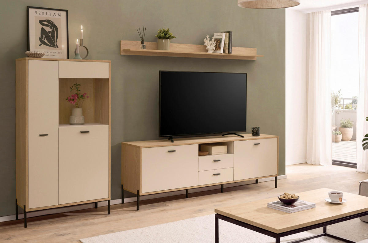 WOHNWAND Kaschmir, Eiche 285 cm 3-teilig, Wohnkombination mit Soft-Close - Kaschmir/Eichefarben, Glas/Holzwerkstoff (285/170/40cm) - Furn.Design