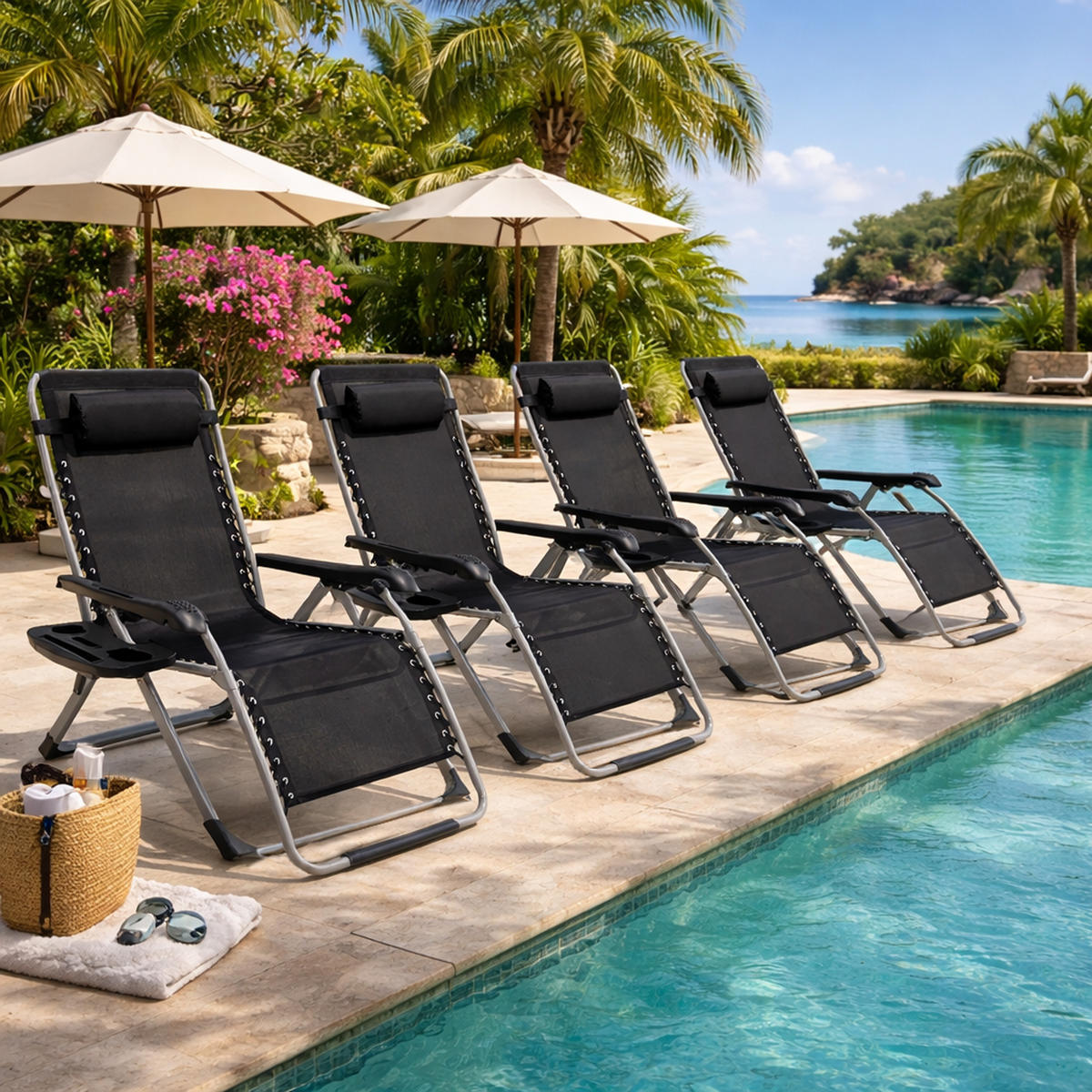 LIEGESTUHL mit Nackenkissen und Getränkehalter, Schwarz - Schwarz/Grau, Metall (73/110/81cm) - QUICK STAR