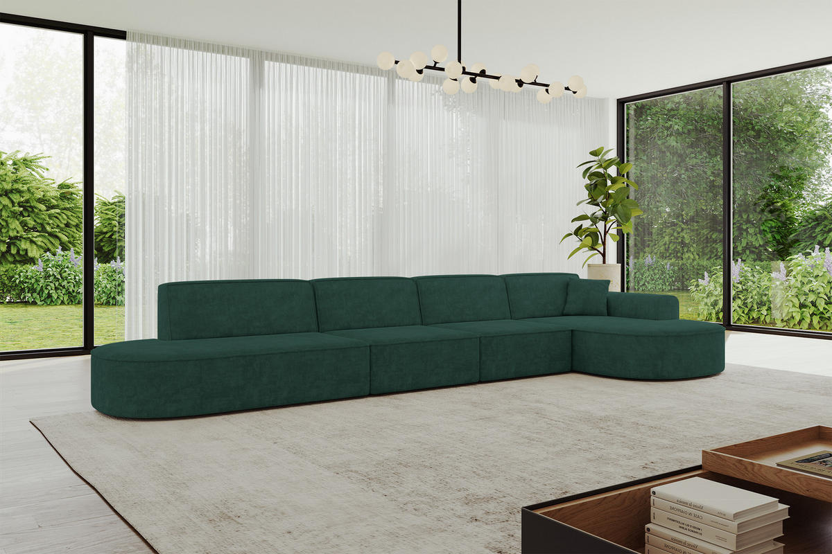 ECKSOFA Ottomane Rechts MARI-L3 - 413x171x79 cm Grün Velours - Schwarz/Grün, Holzwerkstoff/Kunststoff (171/413cm) - ALTDECOR