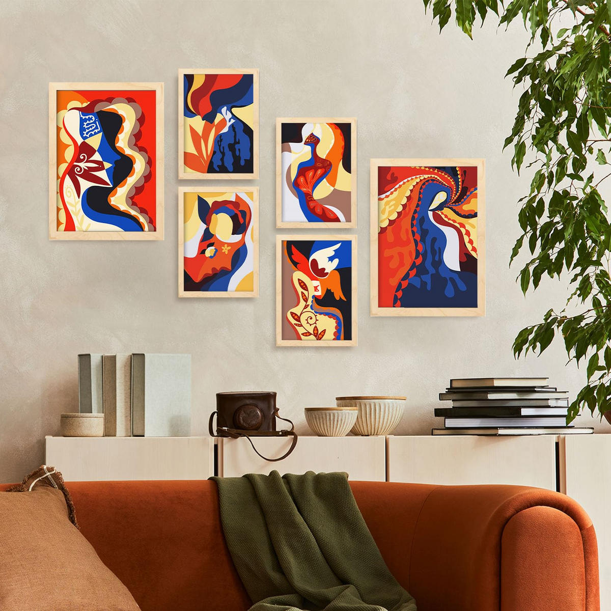 POSTER Set Mit 6 Verlockender Charme In Weibliche Zusammenfassung Ästhetische Dekorative Gemälde Für Ihr Zuhause A3 & A4 Rahmen Aus Hellem Holz - Beige, Papier (29/3cm) - Nacnic
