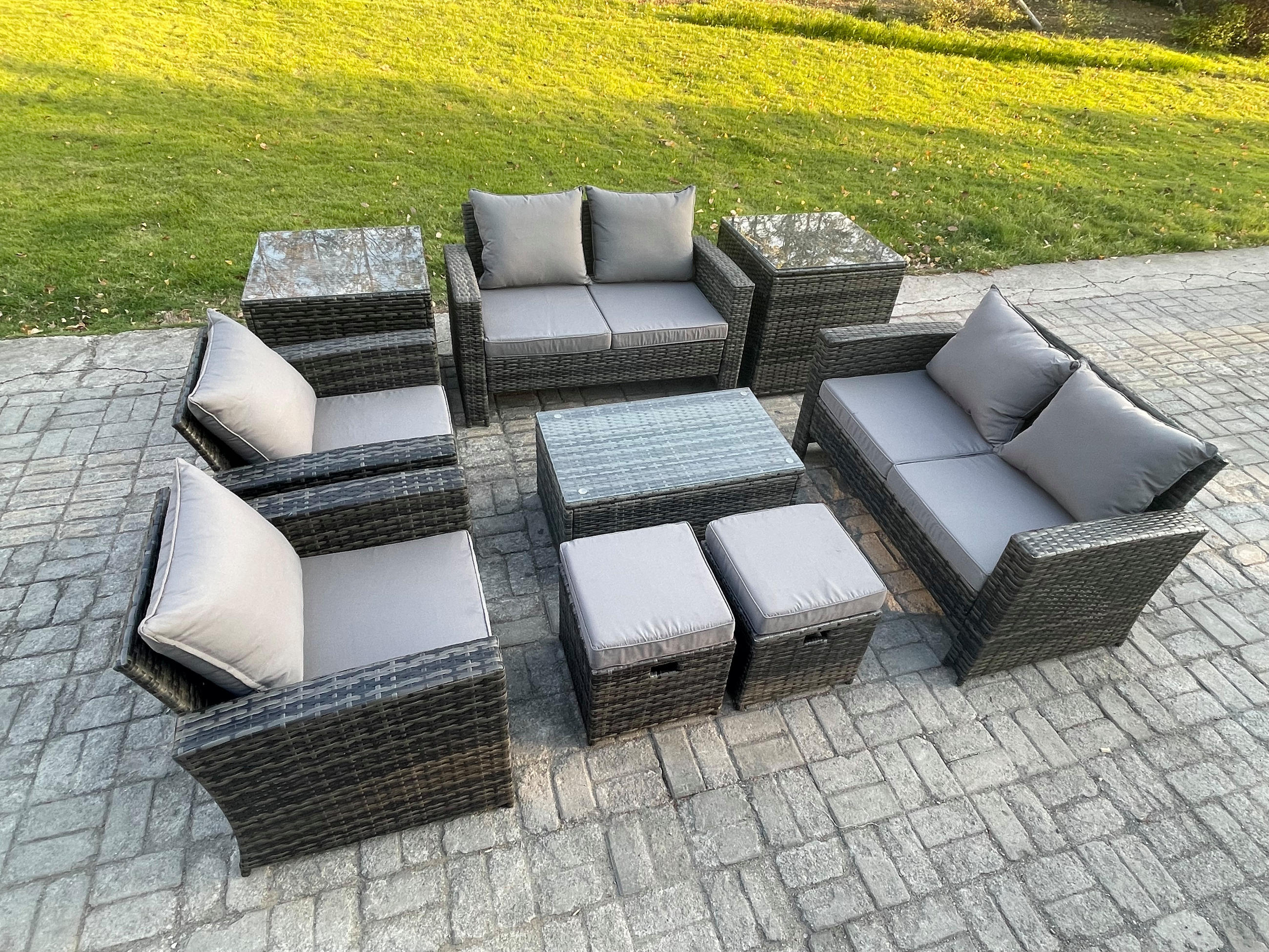 GARTENSOFA Hohe Rückenlehne Polyrattan Dunkelgrau 8-Sitzer - Dunkelgrau, Metall - Fimous