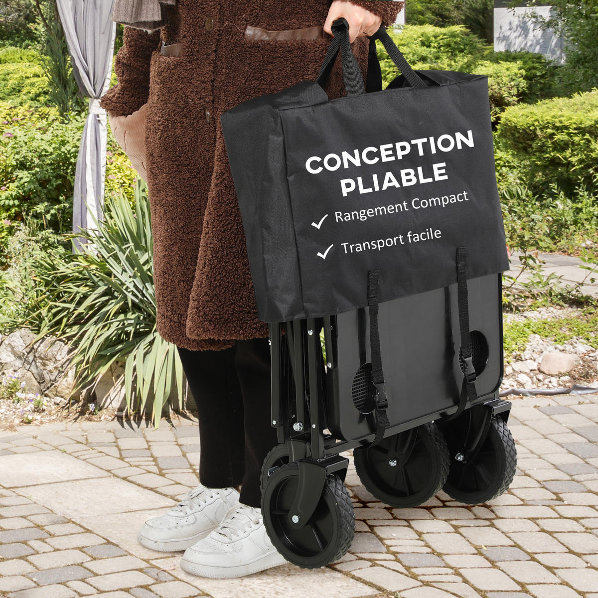 GARTENWAGEN DE-18769 4 Räder, Teleskopgriff & klappbare Ablage Schwarz - Schwarz, Metall (51/100/117cm) - ComfortXL