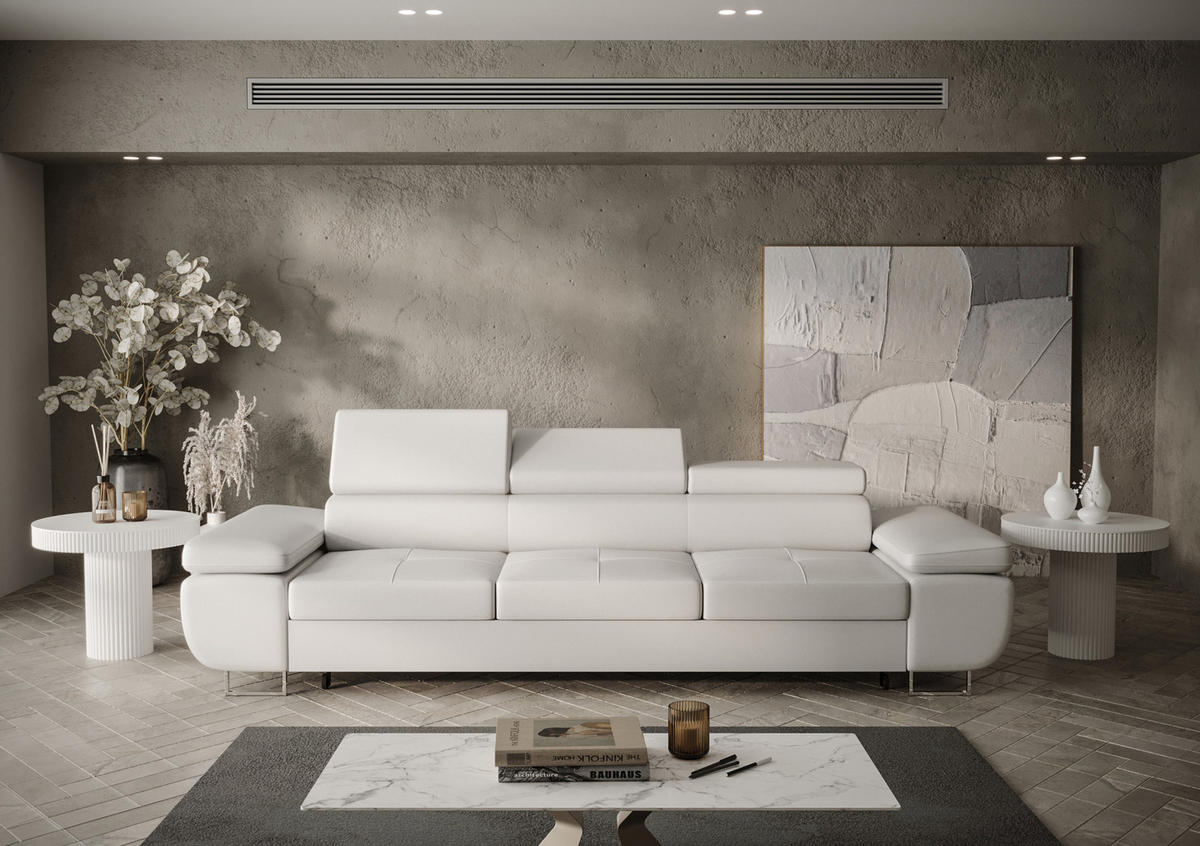 SCHLAFSOFA PRAGA 3, Sofa mit Schlaffunktion, Farbe: Weiß, Kunstleder - Weiß, Textil (276/90/100cm) - O-Sofa