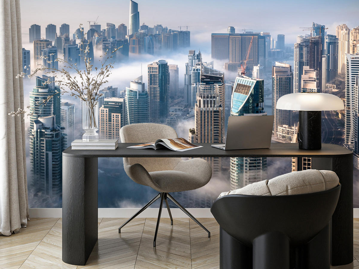 FOTOTAPETE für Büro Dubai Nebel Wolkenkratzer Skyline Panorama 500x350 - Blau/Beige, Papier (500/350cm) - Muralo