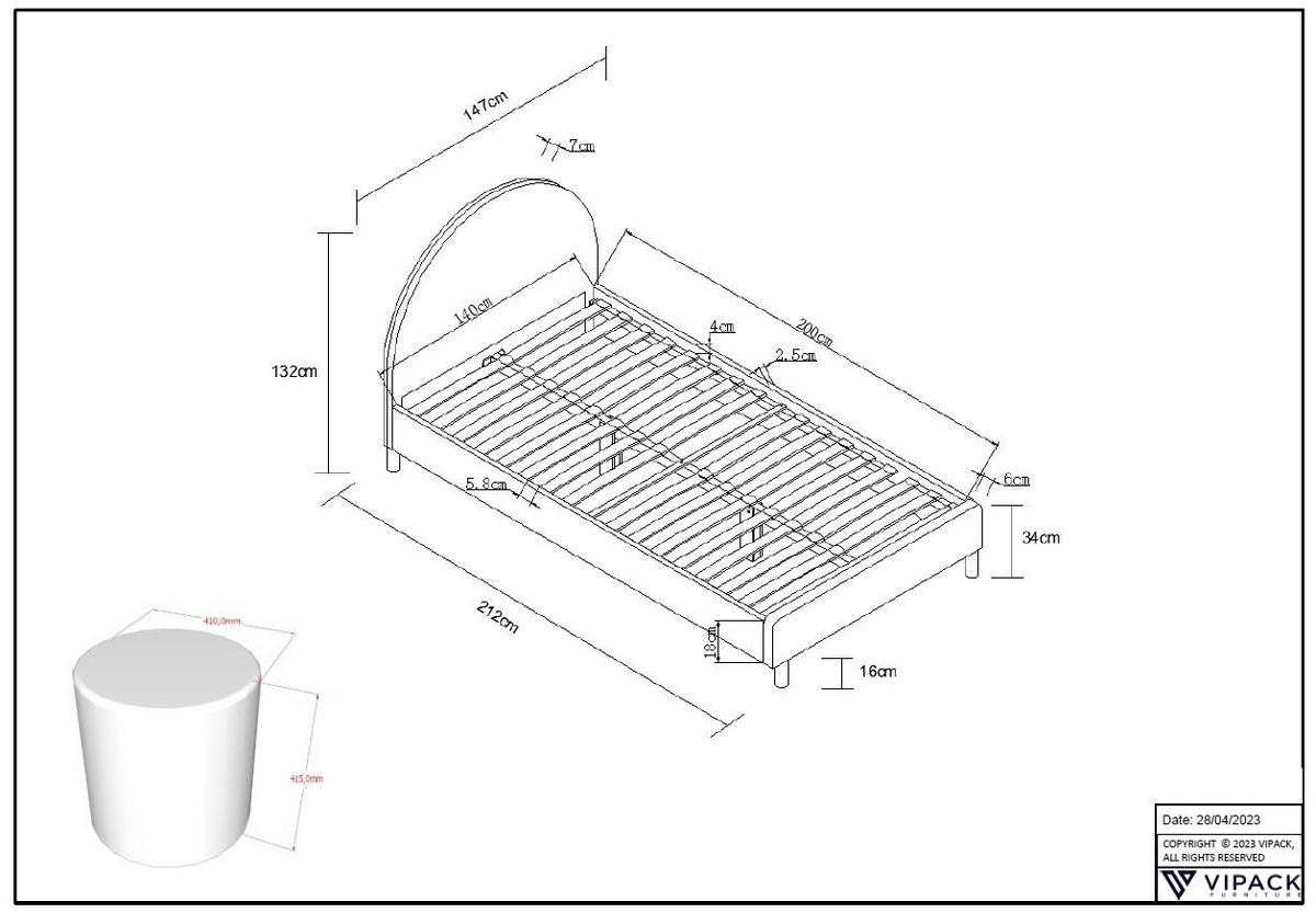 POLSTERBETT mit Hocker Karlotta 147x132x212 aus Holzwerkstoff in Weiß - Weiß, Holzwerkstoff (140/200cm) - 58aufmkessel