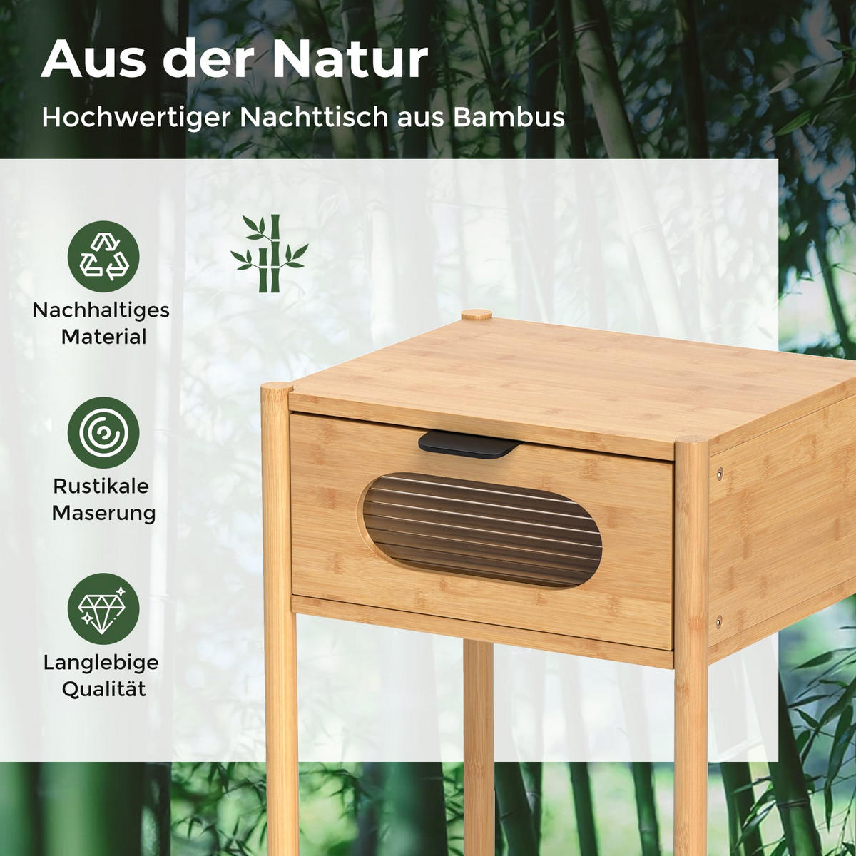 NACHTTISCH mit Schublade aus gehärtetem Glas, Natur - Naturfarben, Naturmaterialien/Holzwerkstoff (40/50.5/40cm) - DESIGN IN