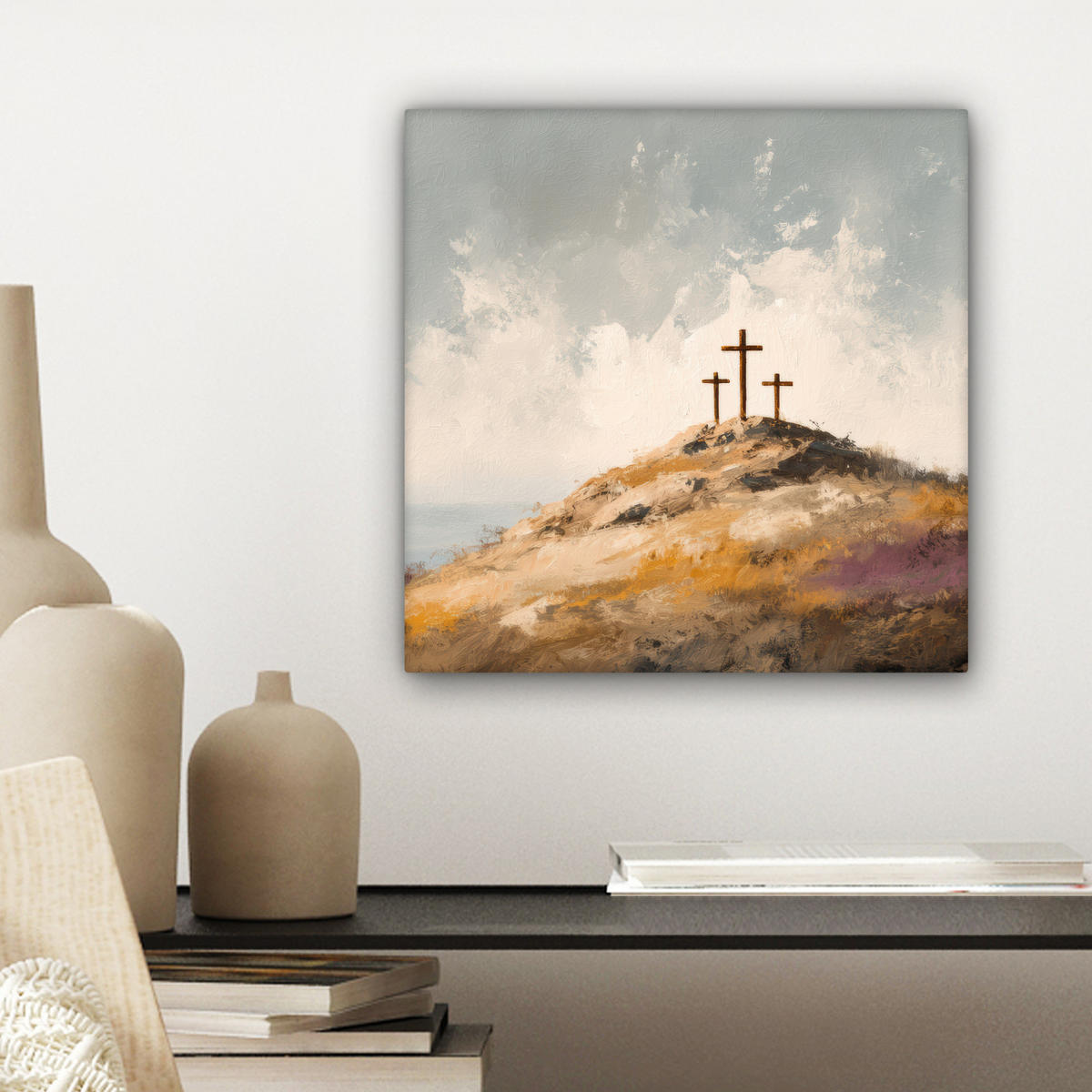 LEINWANDBILD Hügel - Abstrakt - Christentum - Kreuz Deko Wohnzimmer 20x20 cm - Hellgrau, Textil (20/20cm) - MuchoWow