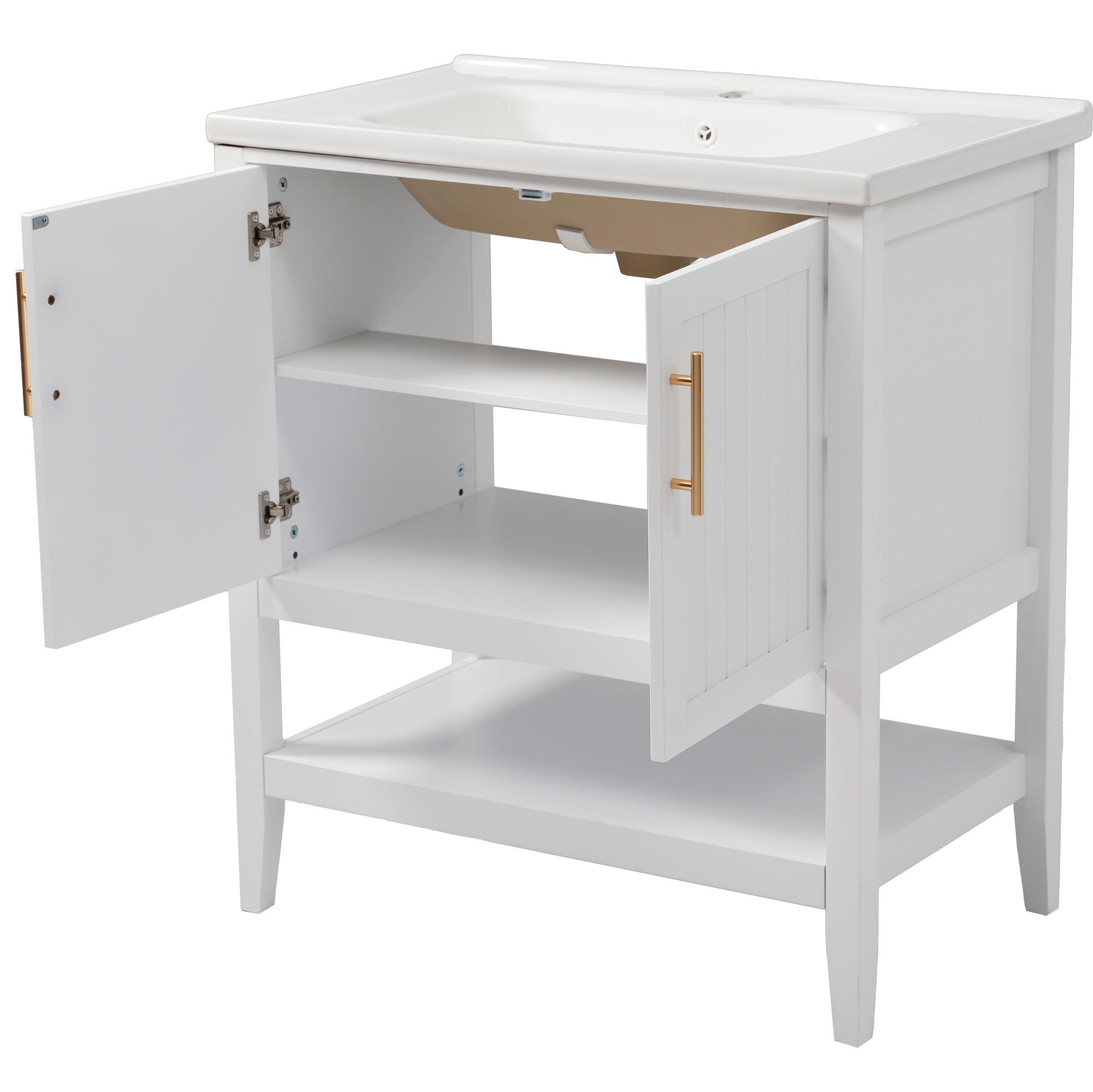 WASCHTISCH mit Unterschrank aus MDF 80x47x89 cm in Weiß, bodenstehend, pflegeleicht und mit Keramikbecken - Weiß, Holzwerkstoff (80/89/47cm) - Modfu