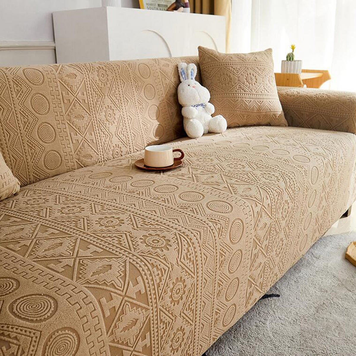 SOFABEZUG Khaki 3-Sitzer 190–230 cm - Hellbraun, Textil (190/230cm) - Kaket