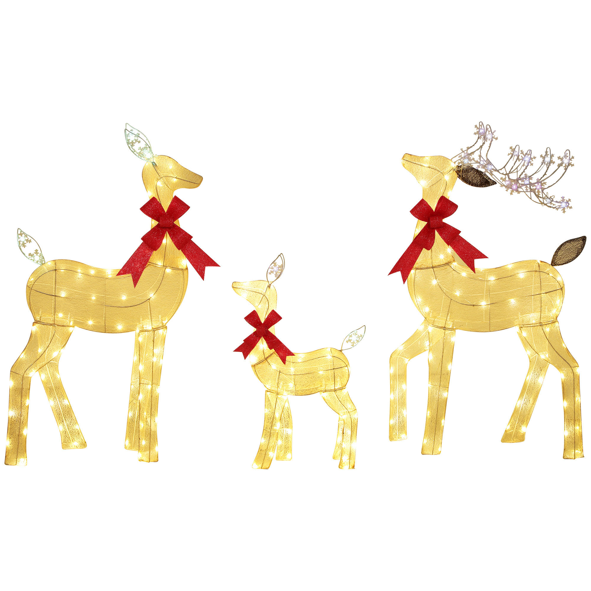 3-TEILIGE Weihnachts-Dekoration, Rentier-Familie mit LED-Beleuchtung, Gelb+Rot - Gelb, Metall (28/129/63cm) - Outsunny