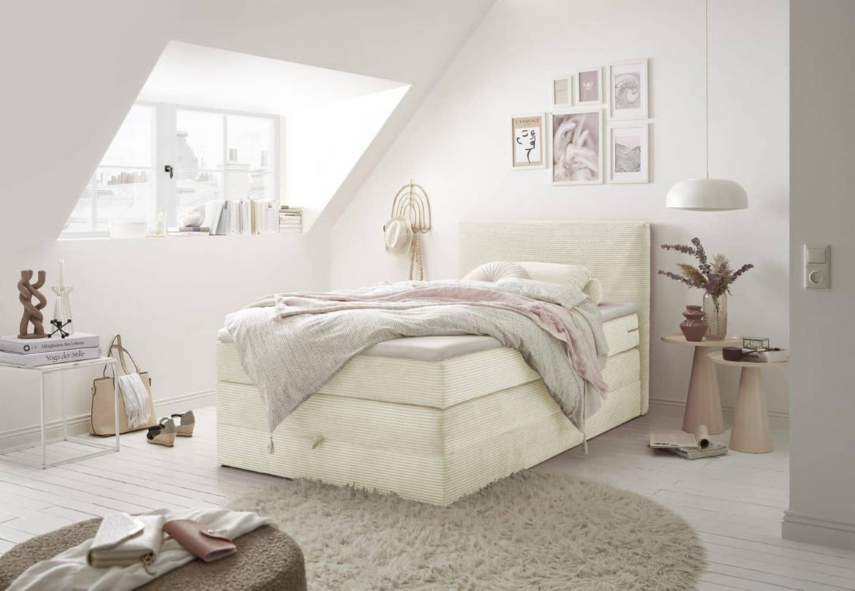 BOXSPRINGBETT 120/140x200 – Bettkasten, 7‑Zonen‑Tonnentaschenfederkern & Komfort‑T25‑Topper - Beige/Creme, Holz/Textil (120/200cm) - ed exciting design