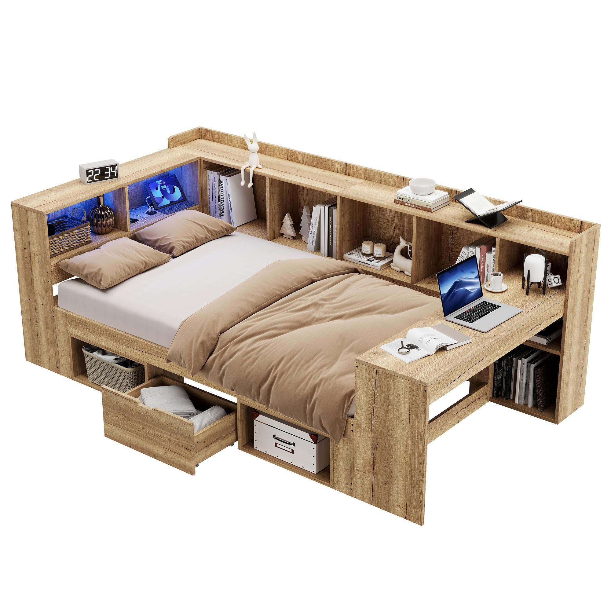 TAGESBETT 90x200 cm mit Regale&Schubladen in Naturfarbe - Naturfarben, Holz (90/200cm) - KOMHTOM