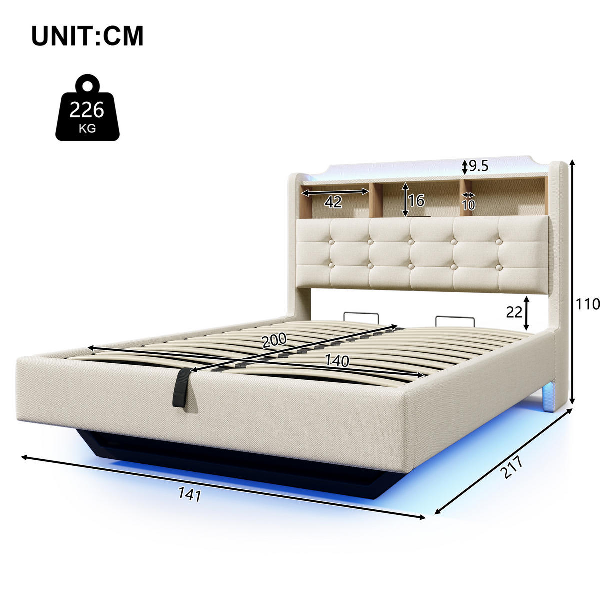 POLSTERBETT 140/200 cm Beige mit LED-Beleuchtung und hydraulischem Stauraum - Beige, Textil (140/200cm) - OKWISH