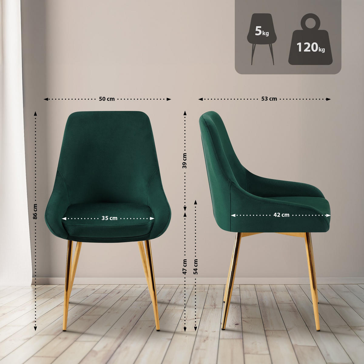 STUHL Samt Grün - Goldfarben/Grün, Textil (50/86/53cm) - CLP