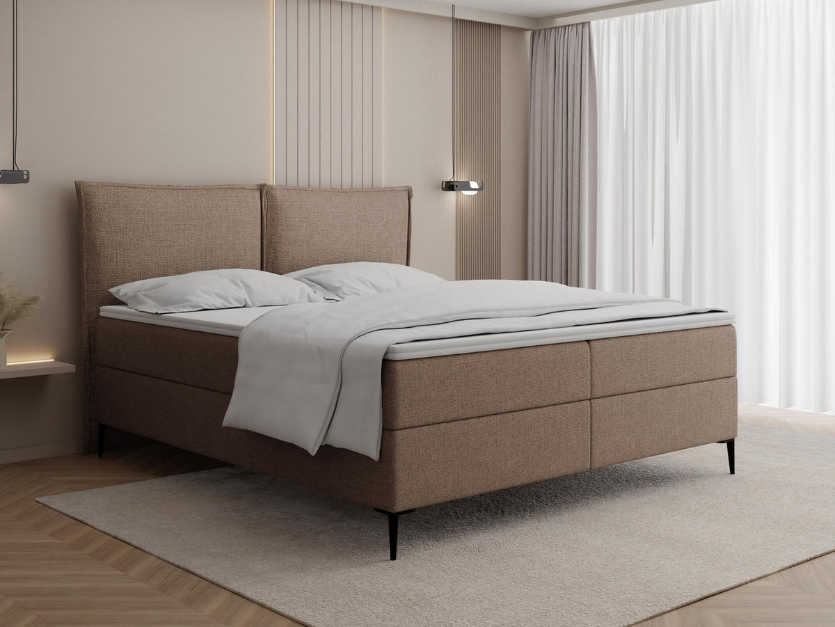 BOXBETT Calio Rise mit Bettkasten, Braun Chenille 120x200 cm – inkl. H4 Taschenfederkern Matratze & Foam Topper - Beige/Schwarz, Holz/Holzwerkstoff (120/200cm) - WFL GROUP
