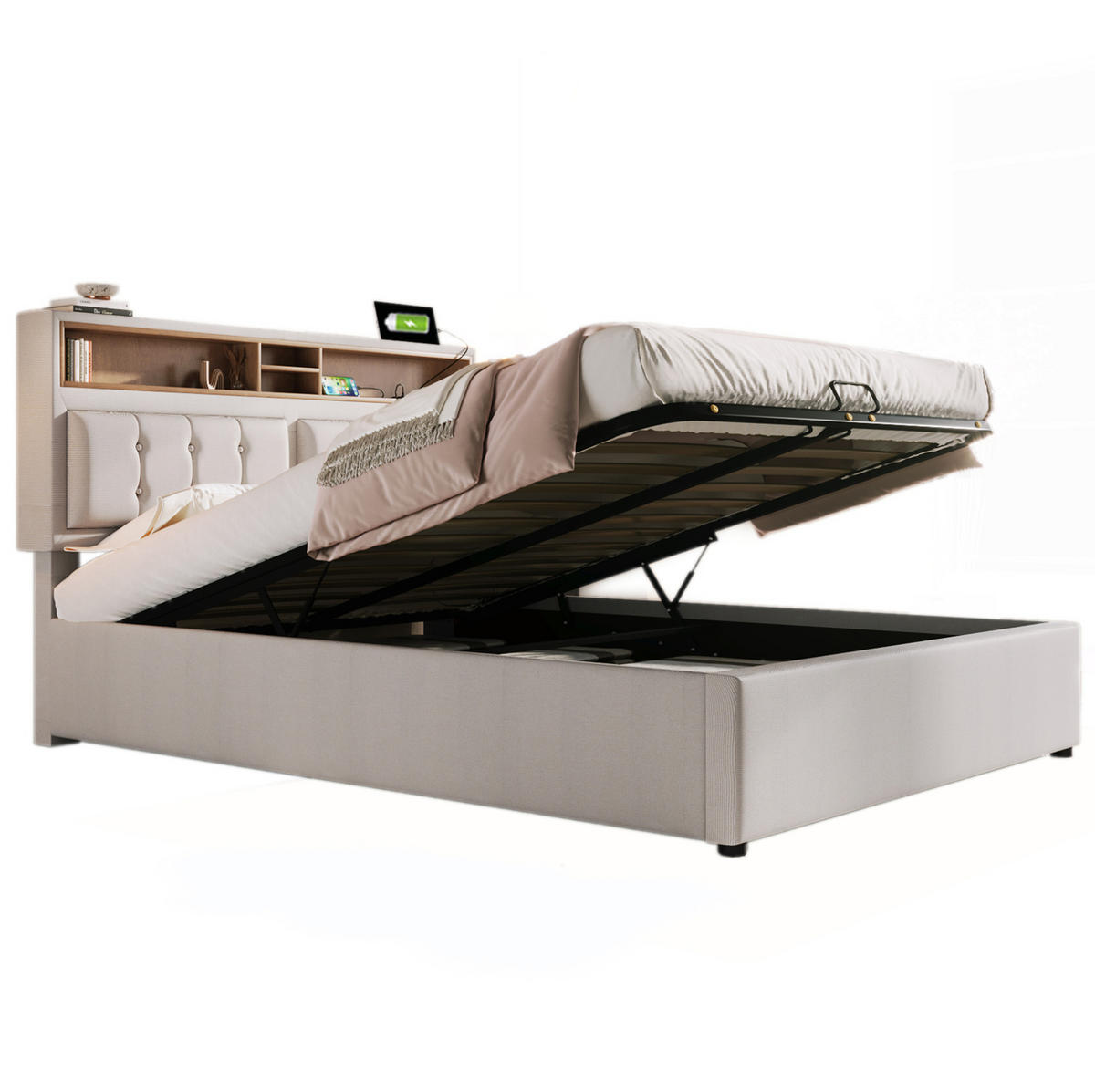 POLSTERBETT 160/200 cm Beige mit Stauraum und USB- und Type-C-Anschlüssen - Beige, Textil (160/200cm) - Flora Grace