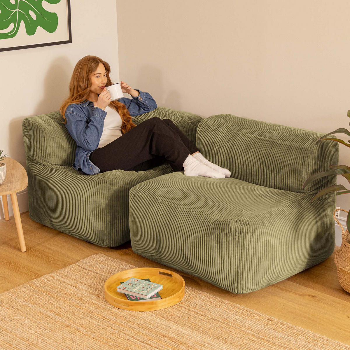 SITZSACK-SOFA 2-tlg.: Ecksessel, Sessel - Grün, Textil (195/68/100cm) - icon