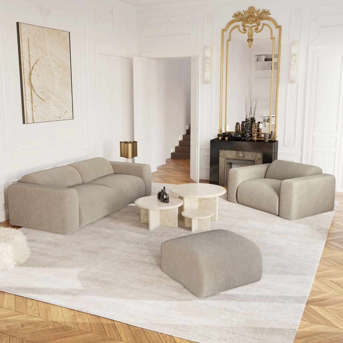 SOFA 3-Sitzer Texturierter Samt Beige 205cm - Beige, Textil (205/73/97cm) - Sia Home