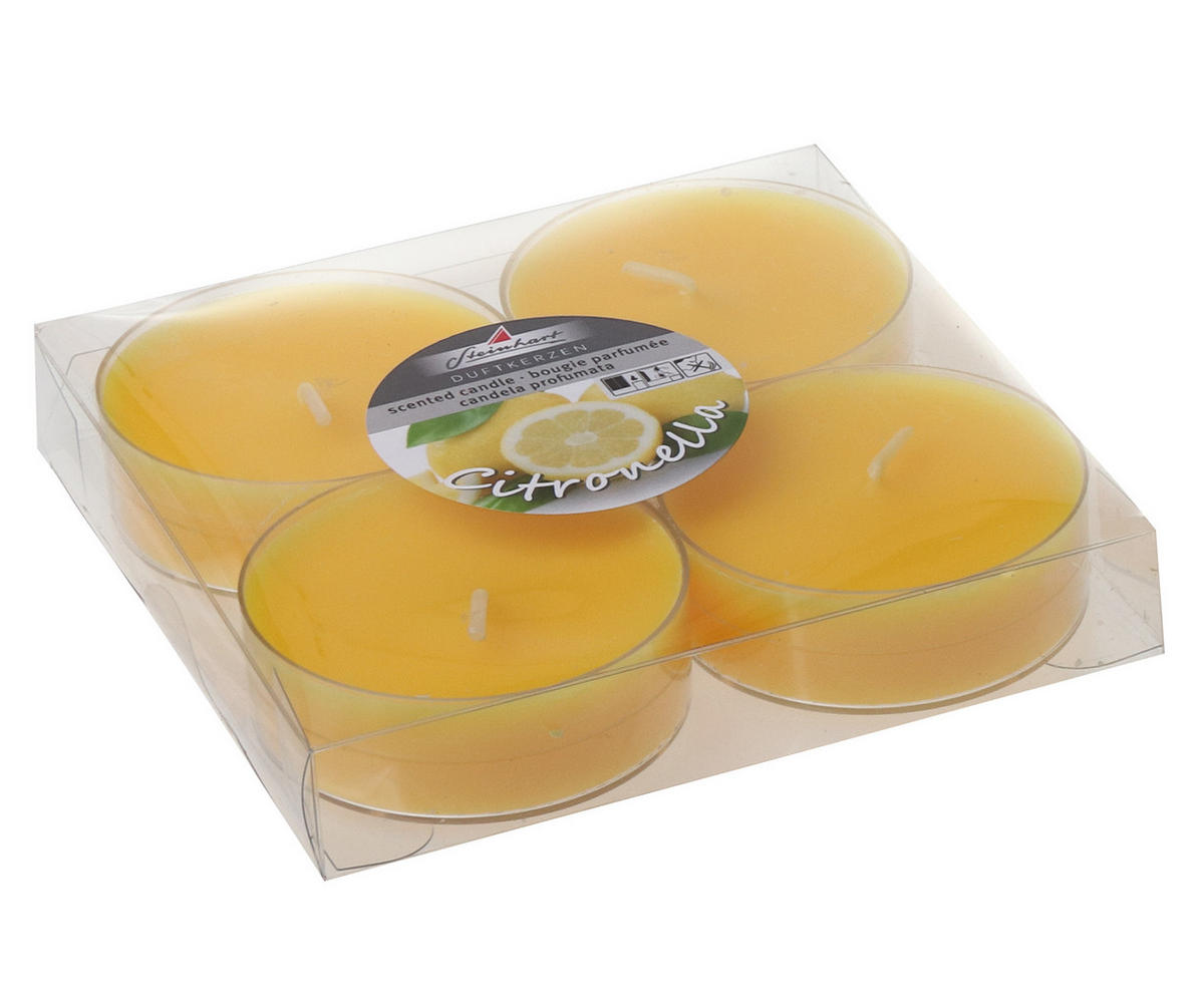 MAXI-TEELICHTE "Citronella", 4er-Pack Gelb 20/59 mm - Gelb, Paraffin (2cm) - Steinhart Kerzen