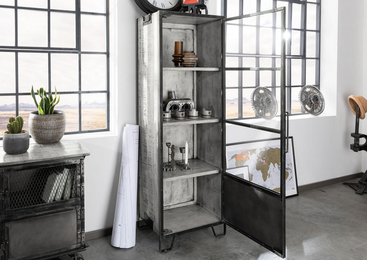 VITRINE Mango 60x40x180 grau lackiert HEAVY INDUSTRY #140 - Grau, Holz (60/180/40cm) - Massivmoebel24