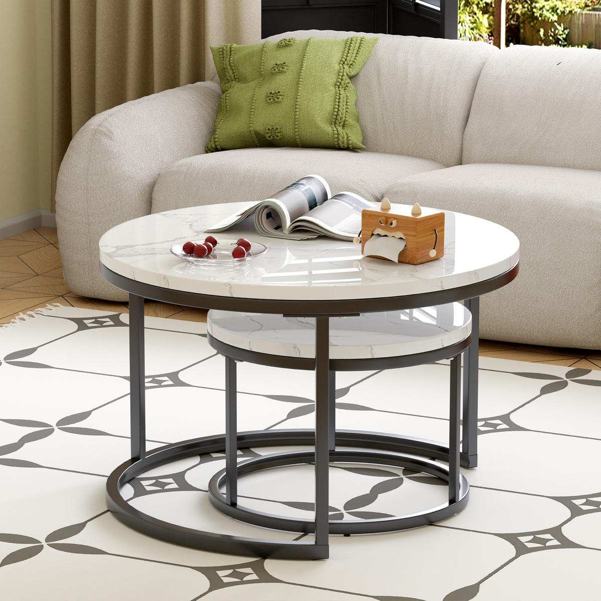 COUCHTISCH in Weiß/Schwarz Hitzebeständiger Wohnzimmertisch mit Marmor-Optik Platte Sofatisch mit Metallgestell - Schwarz, Holzwerkstoff/Metall (70/70/45cm) - STILVORA