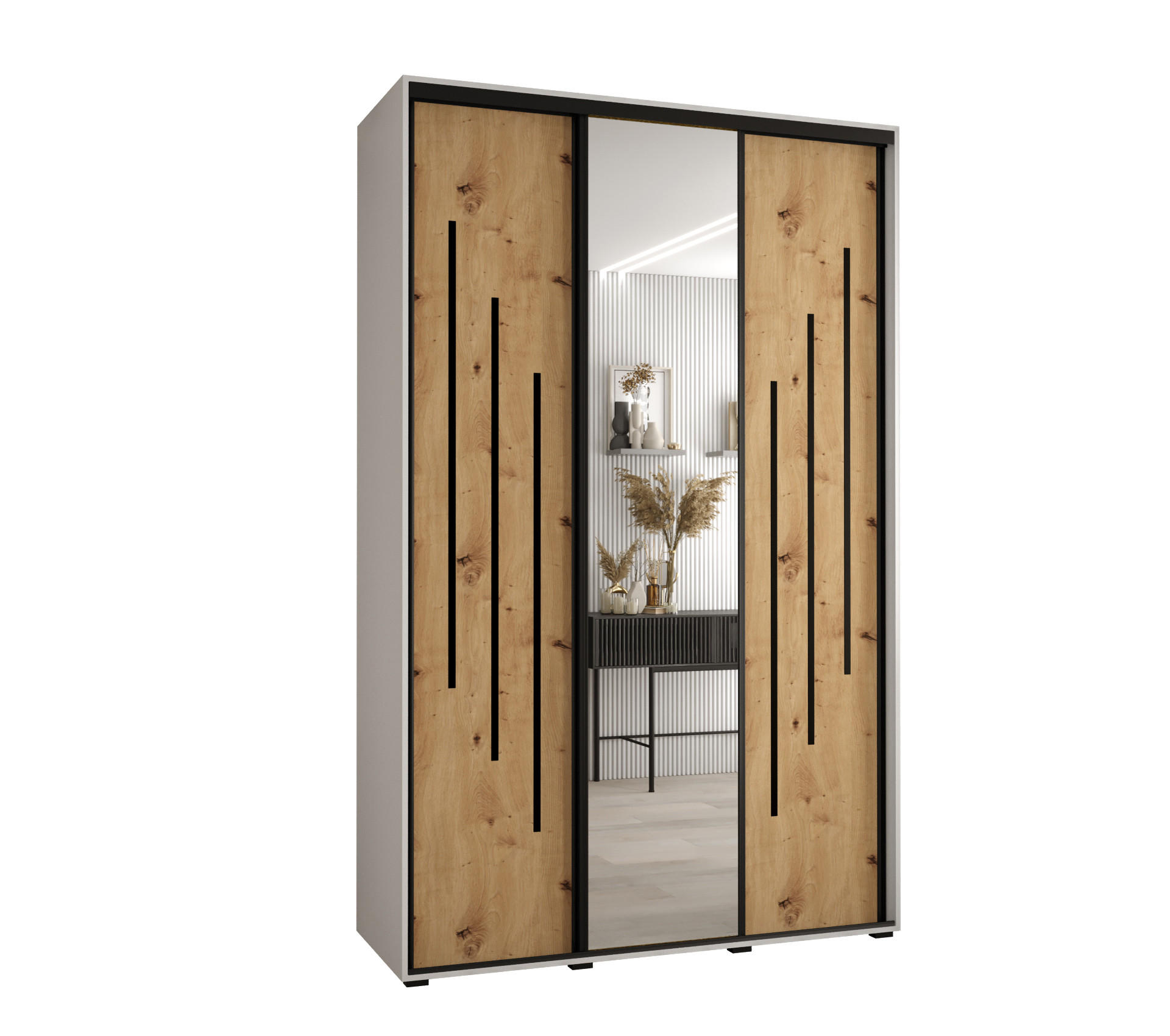 Abiks Möbel SCHWEBETÜRENSCHRANK Weiß, Eiche Artisan, Schwarz 150cm × 60cm × 235cm