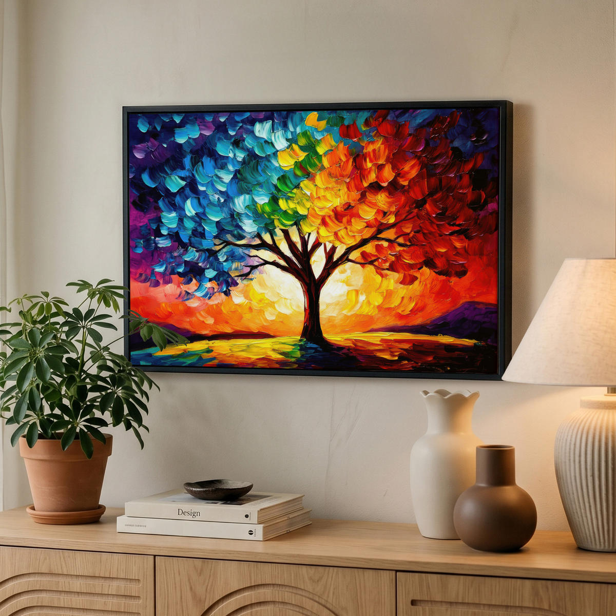 LEINWAND Bilder mit Rahmen - Baum - Kunst - Natur - Sonnenuntergang - 60x40 - Multicolor, Textil (60/40cm) - MuchoWow