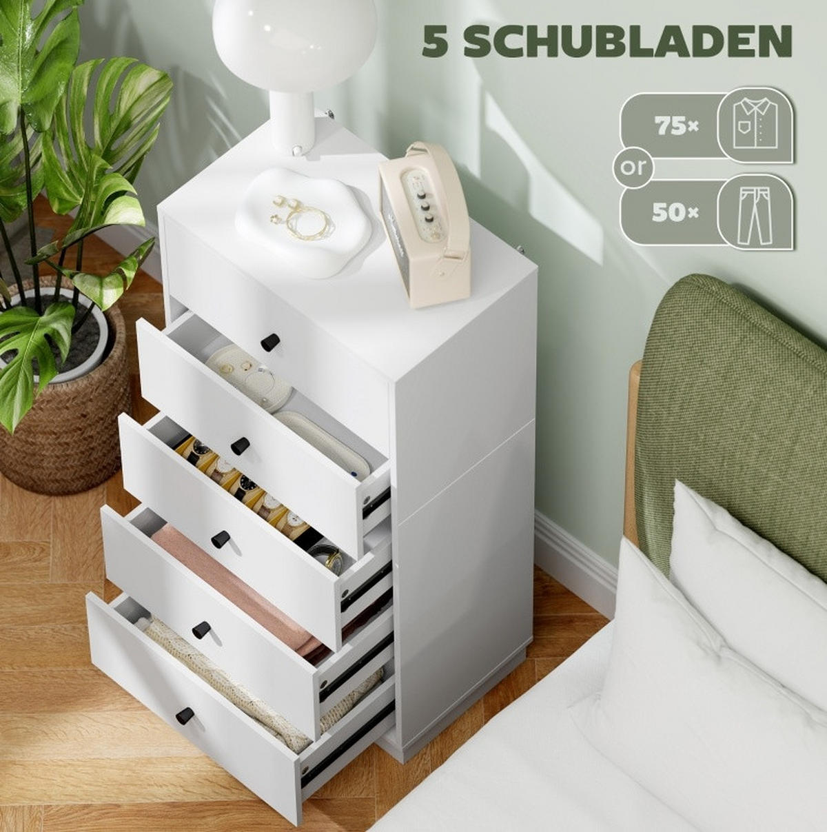 KOMMODE 47/29/95 cm aus Holzwerkstoff mit 5 Schubladen Weiß - Weiß, Holz (47/95/29cm) - Modenvie