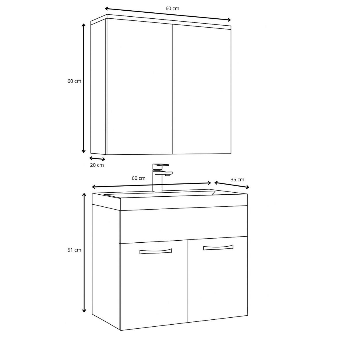 BADMÖBEL-SET Montreal 3 Teile Eiche / Schwarz - 60 x 35 x 51 cm - Eichefarben/Schwarz, Holz (60/53/35cm) - Badplaats