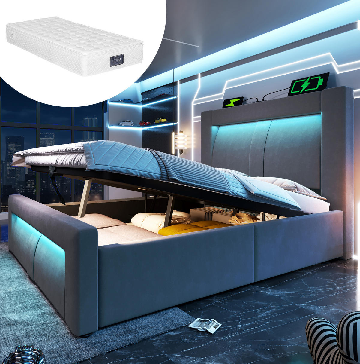 POLSTERBETT aus Samt 90x200 cm Grau mit Stauraum, LED-Beleuchtung und USB-/USB-C-Anschlüssen - Grau, Textil (90/200cm) - IVMEU