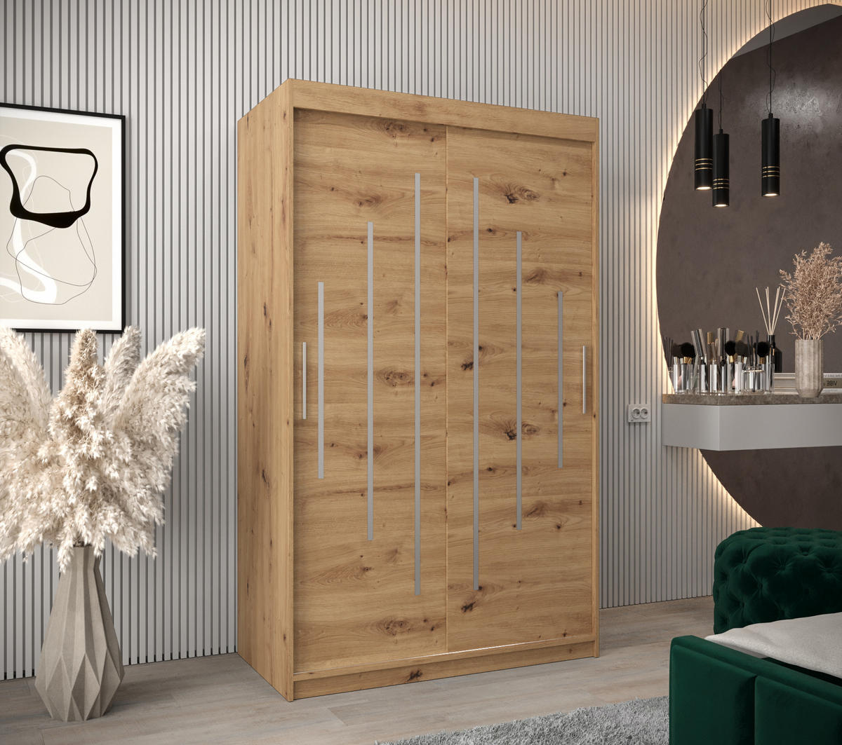 SCHWEBETÜRENSCHRANK 200/120/62 2-türig - Silberfarben/Eiche Artisan, Holz/Kunststoff (120/200/62cm) - Abiks Möbel