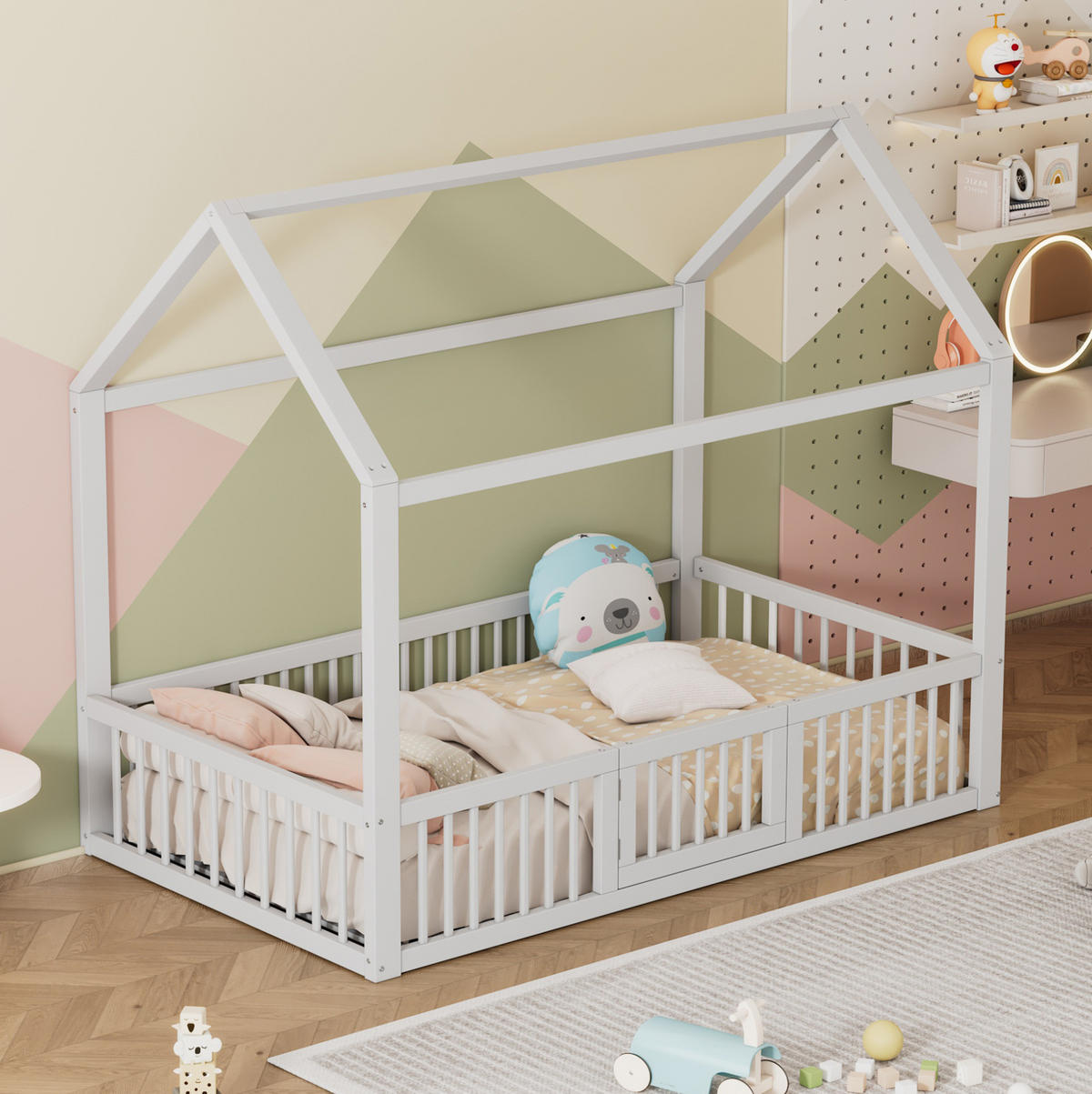 KINDERBETT 90/200 cm mit Sicherheitsgitter und Tür, aus Kiefern, Hausbett, Weiß - Weiß, Holzwerkstoff (90/200cm) - Redom