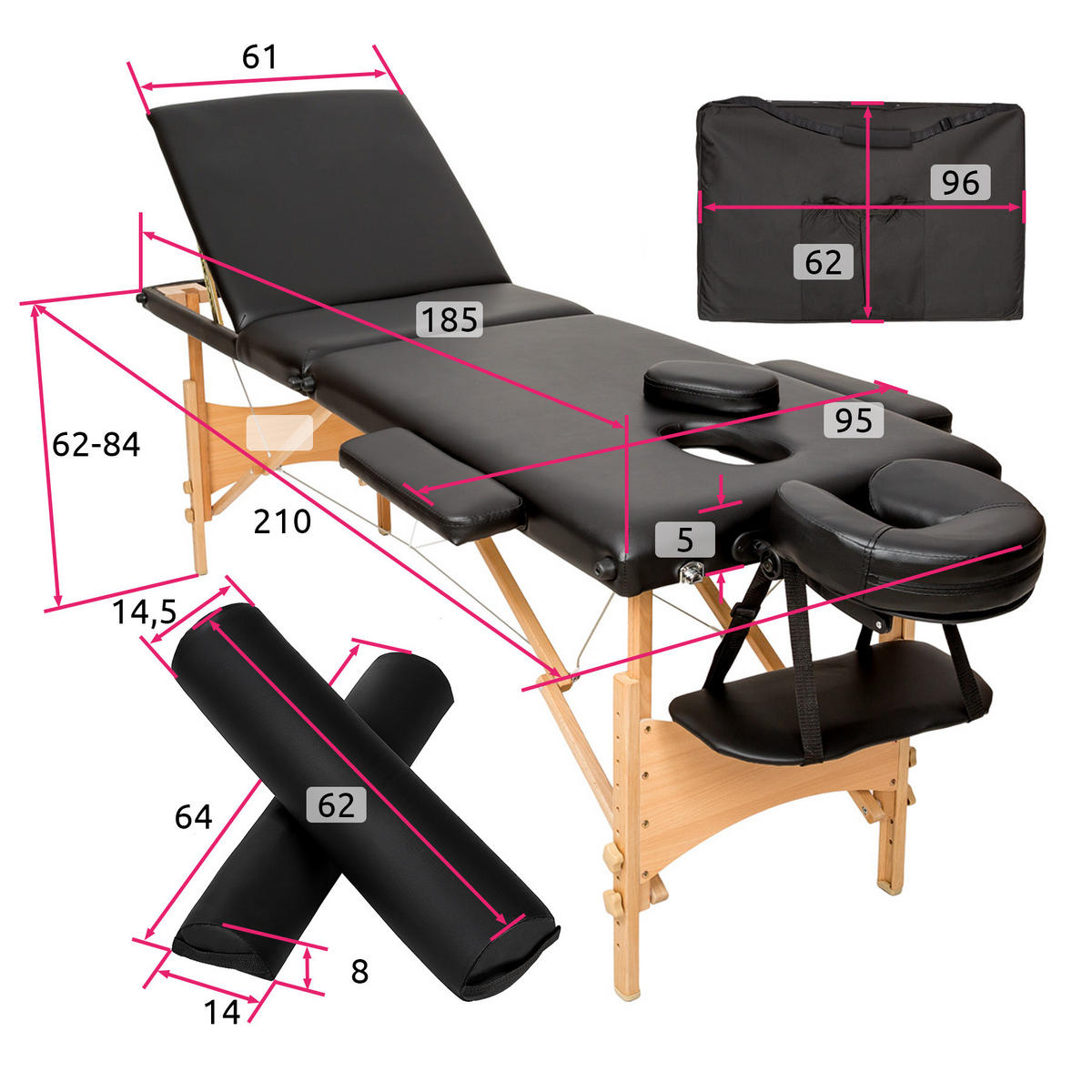 MASSAGELIEGE-SET 3 Zonen Daniel,210 x 95 x 84 cm,schwarz - Schwarz, Holz (95/84/210cm) - tectake