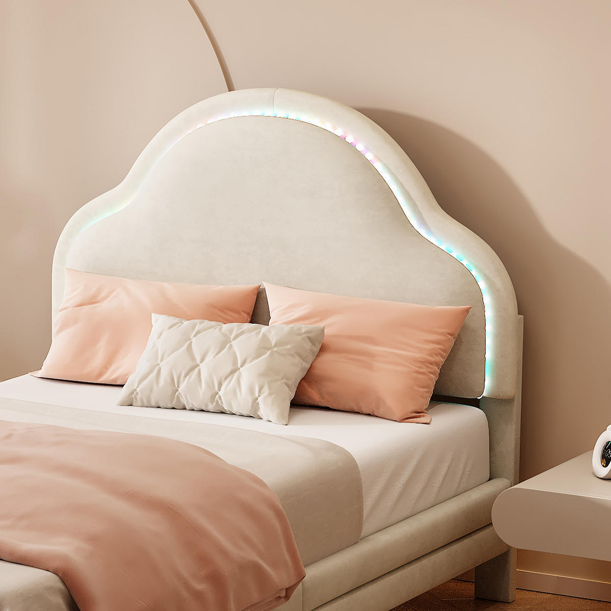 POLSTERBETT 90/200 cm Beige mit wolkigem Kopfteil und LED-Beleuchtung aus Samt - Beige, Textil (90/200cm) - OKWISH