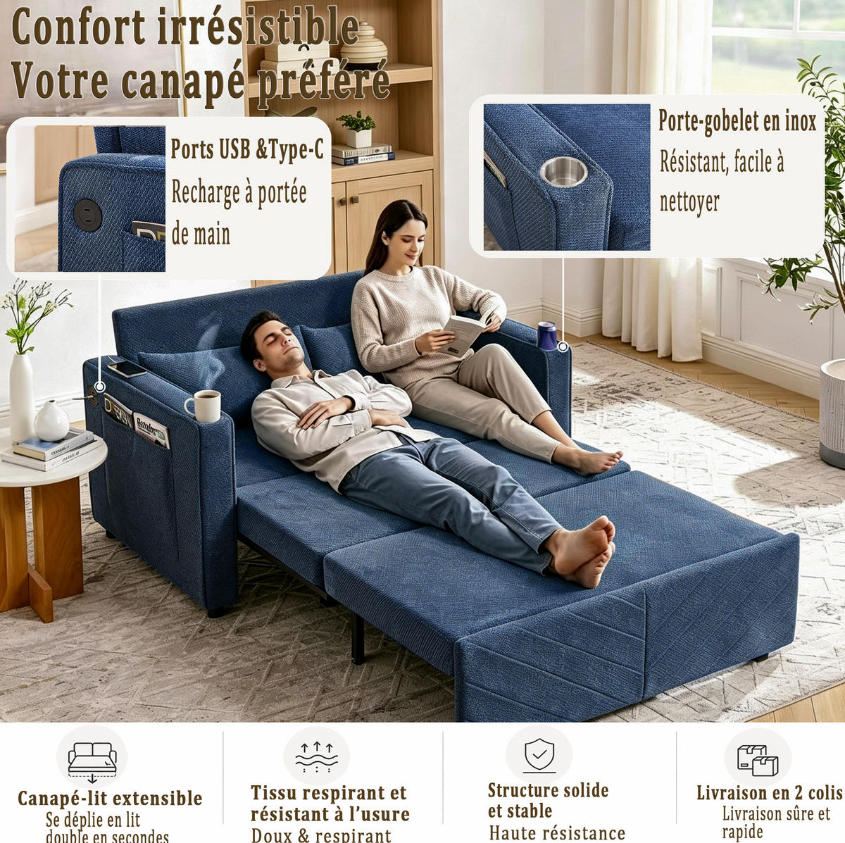 SCHLAFSOFA 3-in-1 aus Holz und Stoff mit USB-Ladefunktion Blau - Dunkelblau, Holz (134/73/195cm) - Modenvie