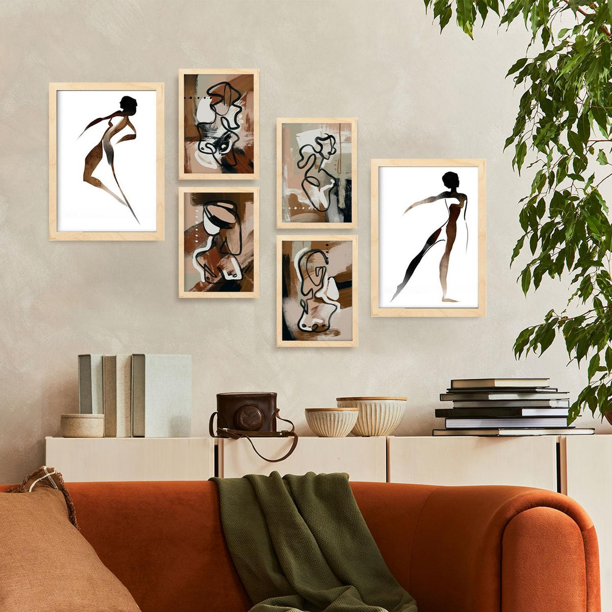 POSTER Set Mit 6 Weibliche Körpertugend Abstrakt Größe A3 & A4 Rahmen aus hellem Holz - Beige, Papier (29.7/1cm) - Nacnic