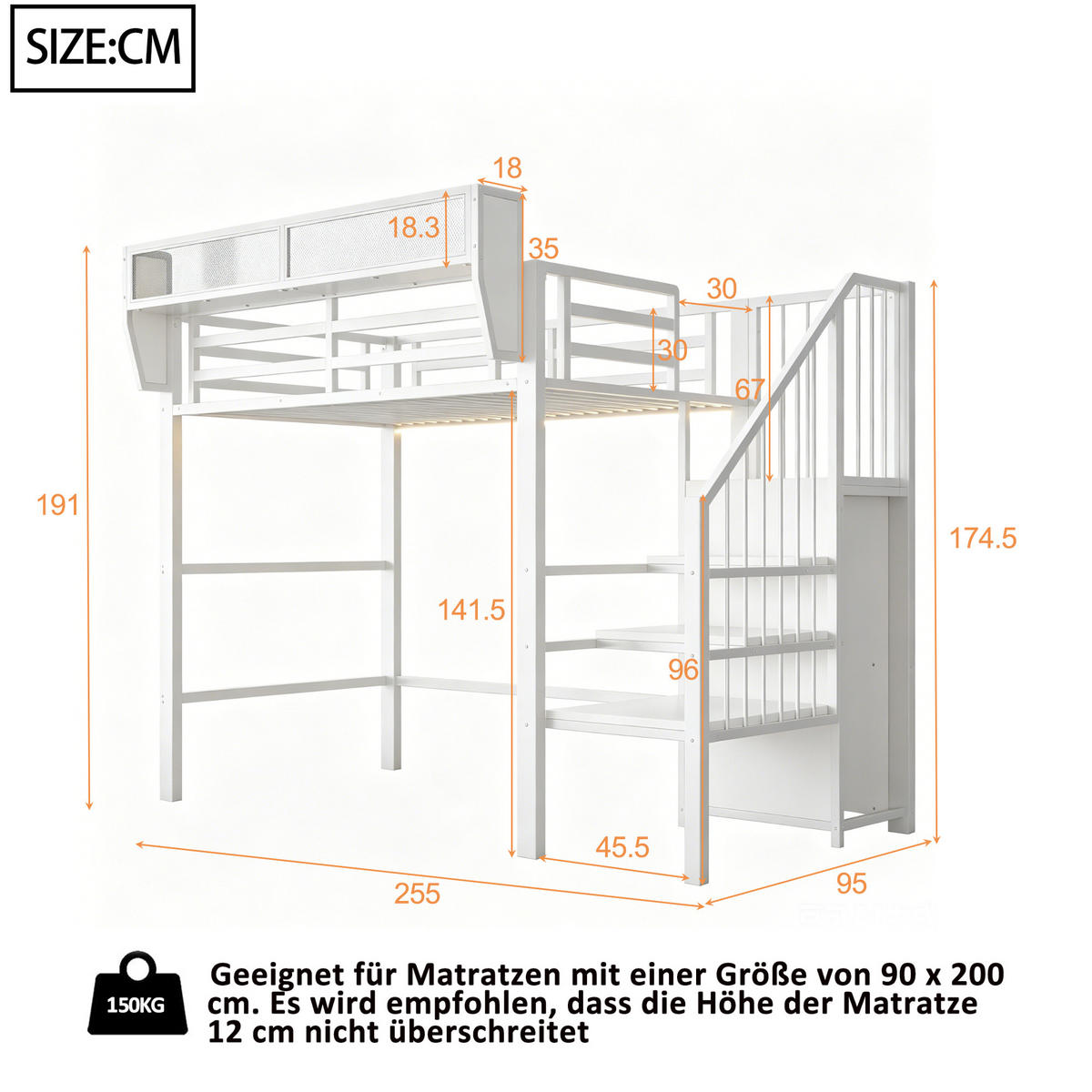 HOCHBETT 90/200 cm in Weiß aus Metall mit LED und Sicherheitsleiter - Weiß, Holzwerkstoff/Metall (90/200cm) - WISHDOR